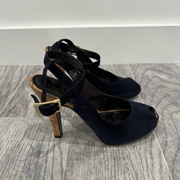 FENDI navy suede peeptoe cork heels - Picture 2 of 7